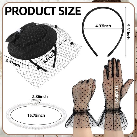 Fascinators Hat Set Mesh Pearls Lace Gloves Necklace Vintage Costume Accessory - Picture 3 of 7